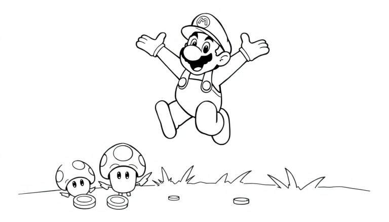 Dibujo en blanco y negro de Mario de Super Mario Bros. saltando con los brazos extendidos, listo para ser coloreado.