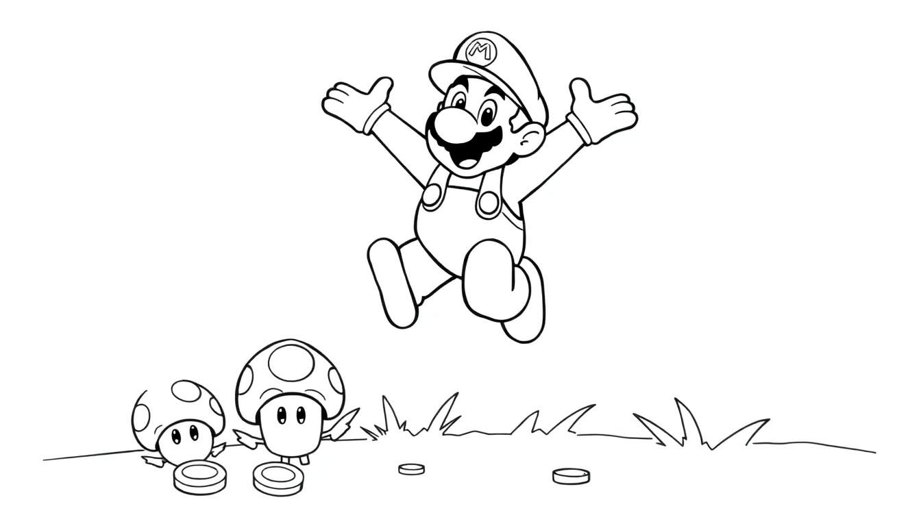 Dibujo en blanco y negro de Mario de Super Mario Bros. saltando con los brazos extendidos, listo para ser coloreado.