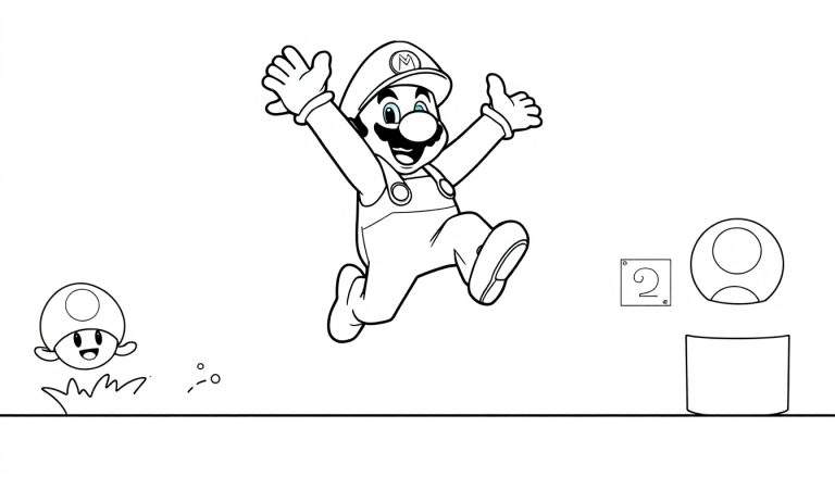Placa de color de Mario saltando con un champiñón y un bloque con el número 2.