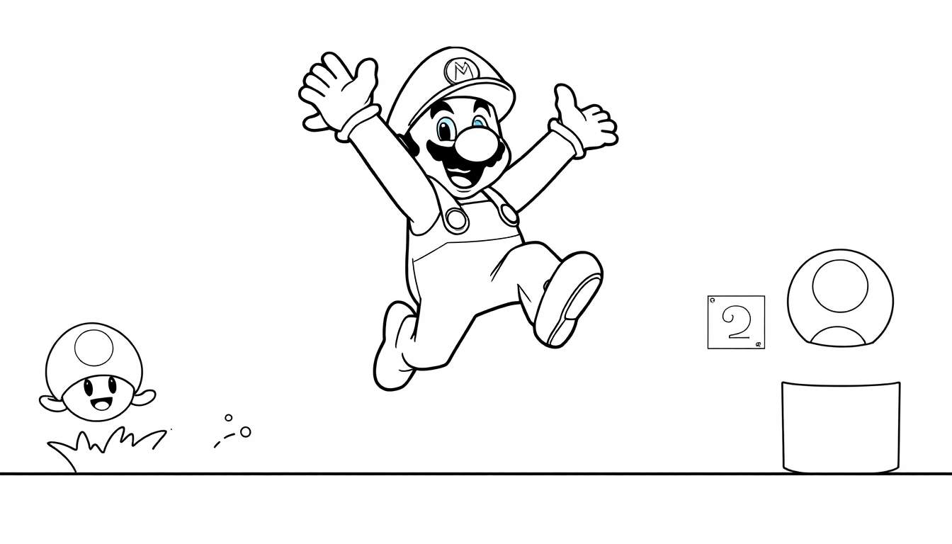 Placa de color de Mario saltando con un champiñón y un bloque con el número 2.