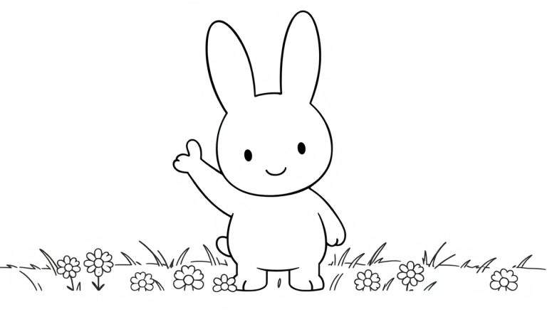 Placa de color de Miffy, la conejita, saludando entre flores y hierba.