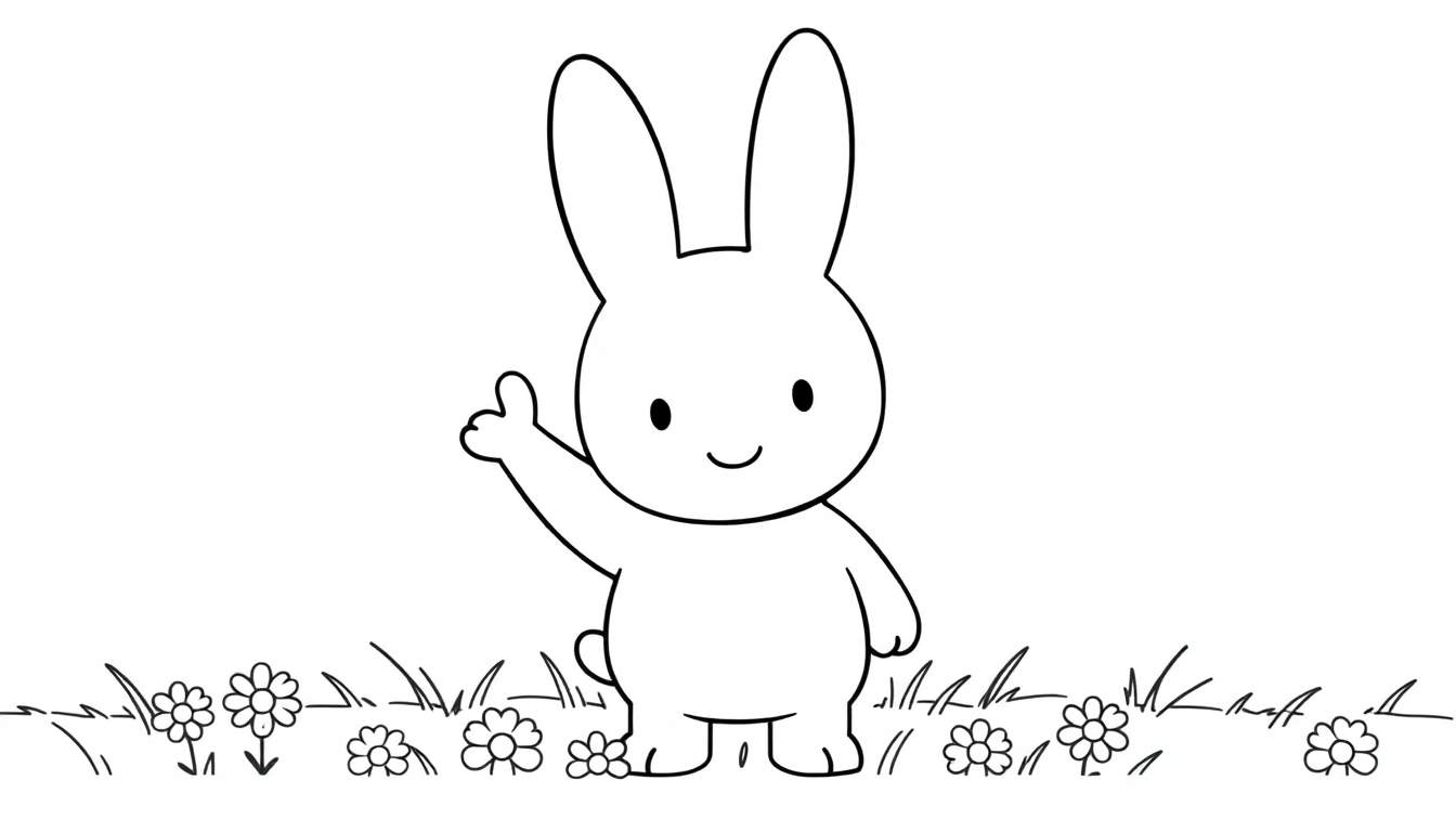 Placa de color de Miffy, la conejita, saludando entre flores y hierba.
