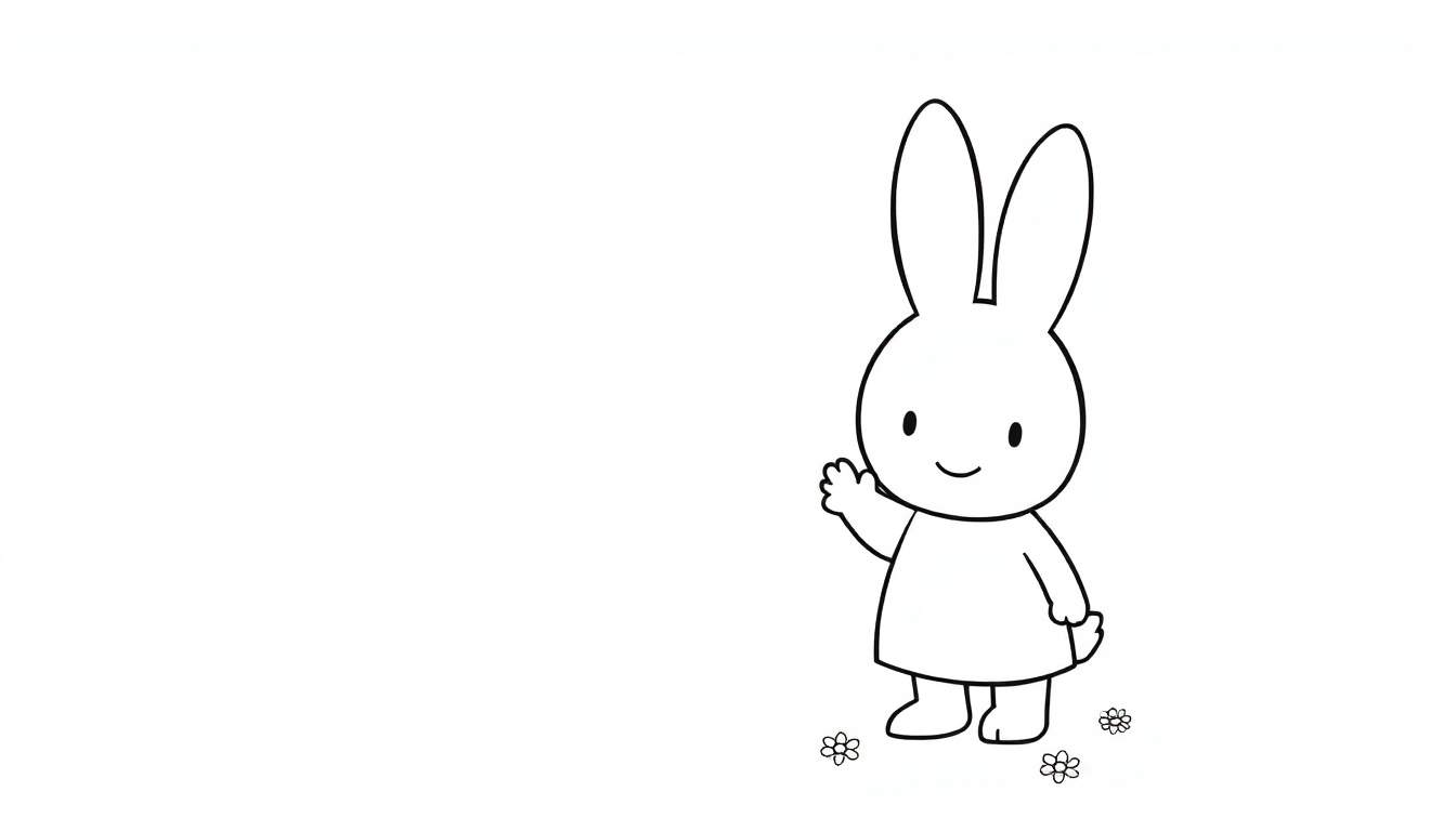 Miffy, la conejita, saludando con una pata, lista para colorear en una placa de color.