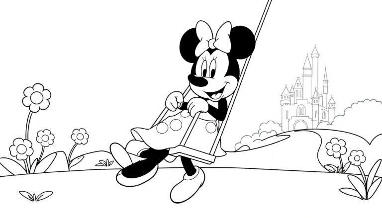 Una placa de color de Minnie Mouse sonriendo en un columpio.