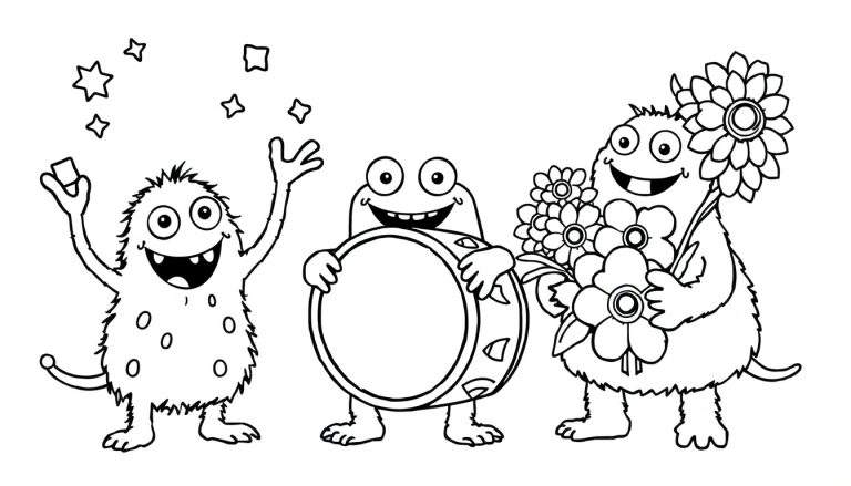 Monstruos divertidos haciendo malabares con estrellas, tocando un tambor y ofreciendo flores, una placa de color para colorear.