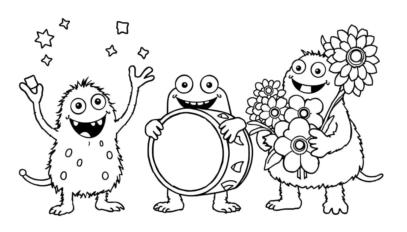 Monstruos divertidos haciendo malabares con estrellas, tocando un tambor y ofreciendo flores, una placa de color para colorear.