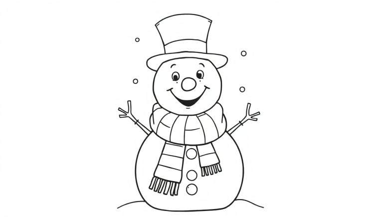 Dibujo lineal en blanco y negro de un muñeco de nieve amigable con un sombrero de copa y bufanda, listo para colorear.