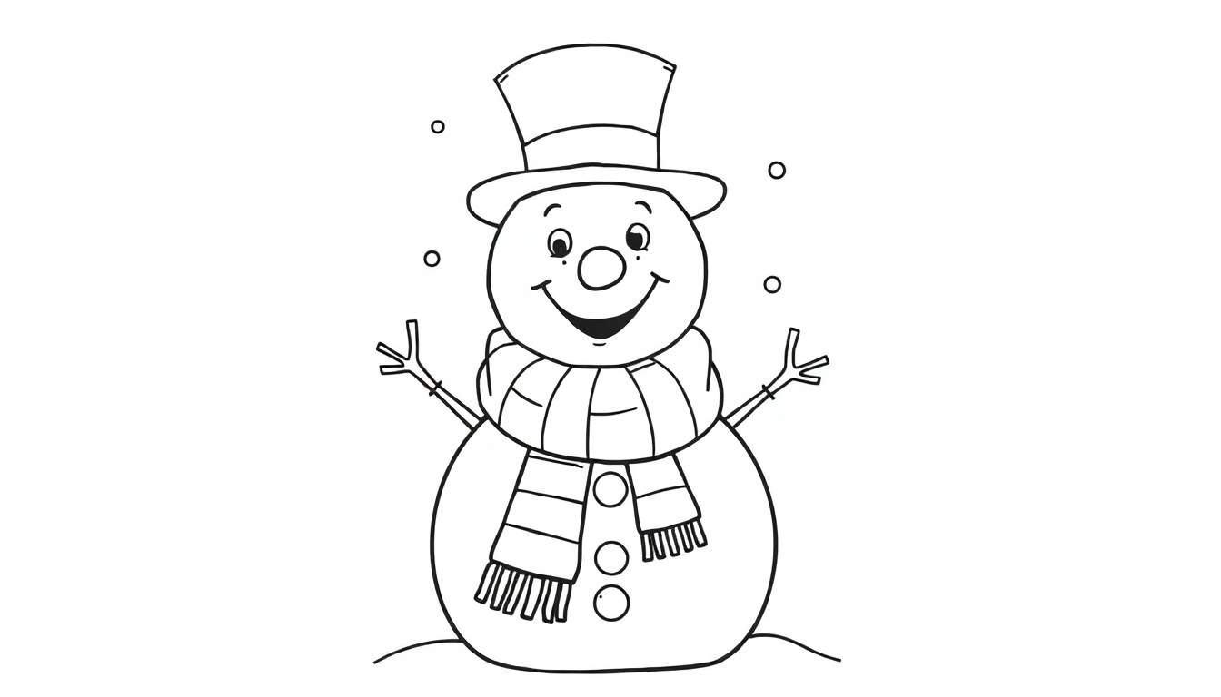 Dibujo lineal en blanco y negro de un muñeco de nieve amigable con un sombrero de copa y bufanda, listo para colorear.