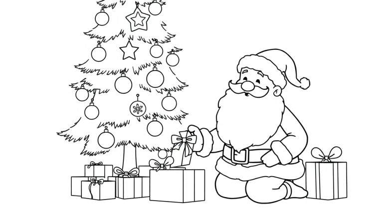 Papá Noel sonriente bajo el árbol de Navidad, listo para colorear en esta placa de color.