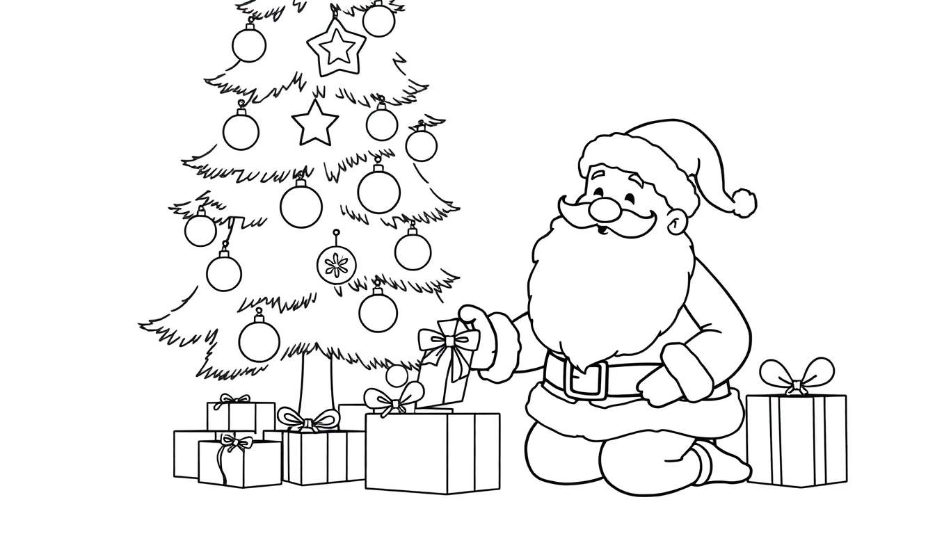 Papá Noel sonriente bajo el árbol de Navidad, listo para colorear en esta placa de color.