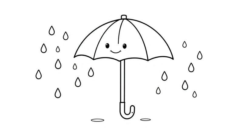 Una placa de color para colorear de un paraguas sonriente rodeado de gotas de lluvia.