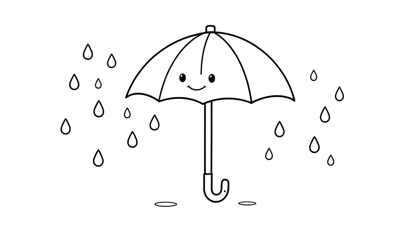 Una placa de color para colorear de un paraguas sonriente rodeado de gotas de lluvia.