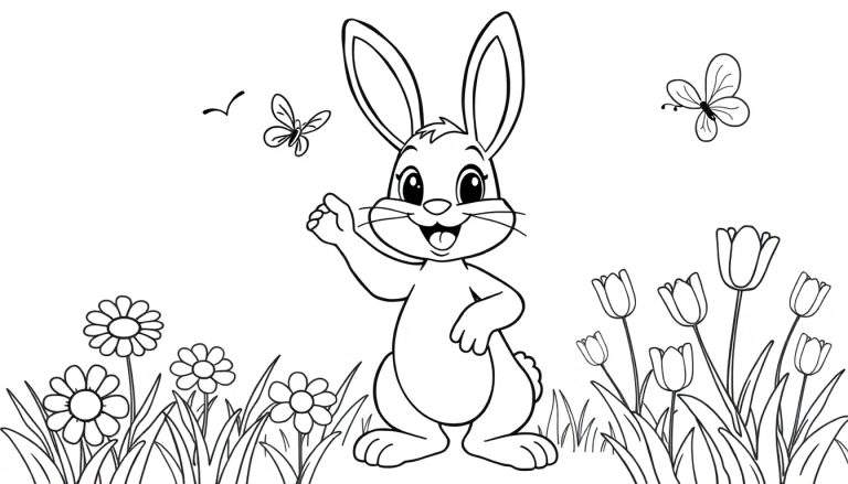 Una placa de color en blanco y negro de un conejito de Pascua saludando a una mariposa entre flores de primavera.