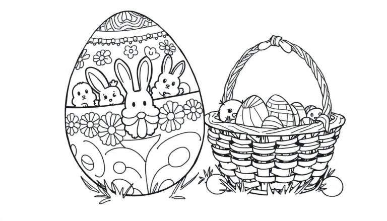 Placa de color de Pascua con un huevo decorado y una cesta de huevos, lista para colorear.