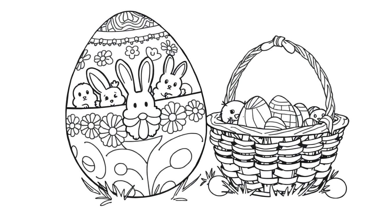 Placa de color de Pascua con un huevo decorado y una cesta de huevos, lista para colorear.