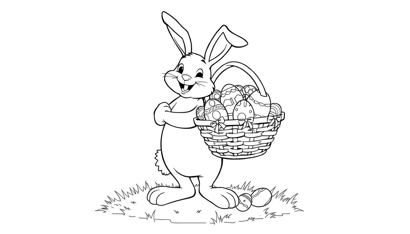Placa de color para colorear: un conejito de Pascua sonriente con una cesta de huevos.