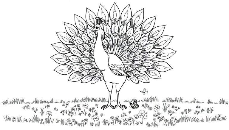 Un pavo real con su cola desplegada, rodeado de flores y hierba, listo para ser coloreado con la placa de color.