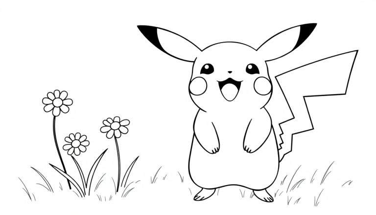 Placa de color de Pikachu feliz en un campo de hierba con flores, listo para colorear.