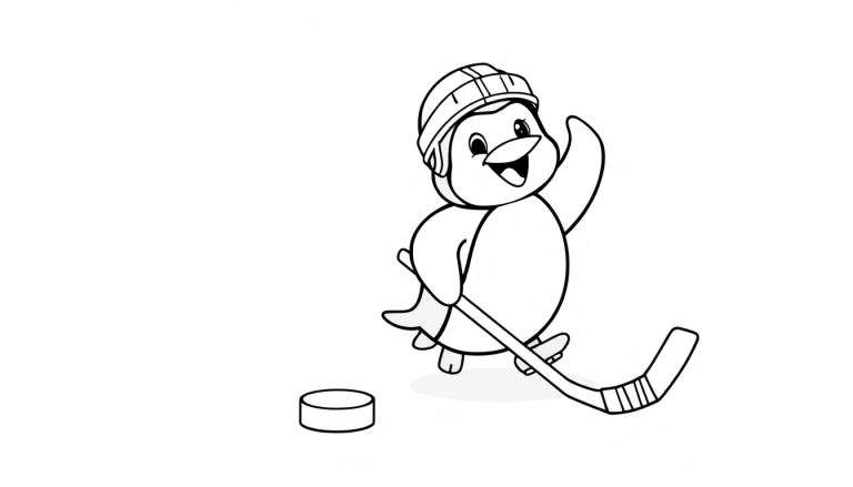 Un pingüino de dibujos animados con un casco de hockey y un palo, listo para jugar, sobre una placa de color para colorear.