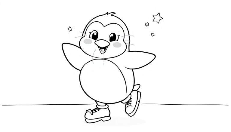 Pingüino animado patinando, listo para colorear en la placa de color.