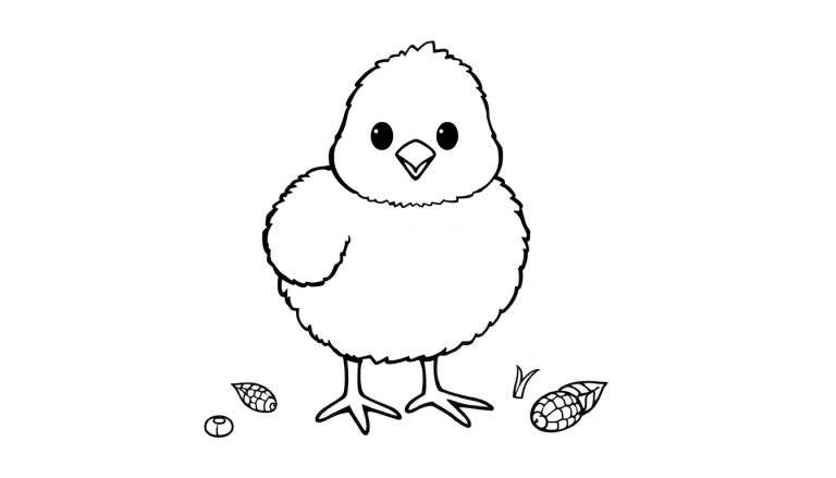 Placa de color de un pollito esponjoso buscando maíz.