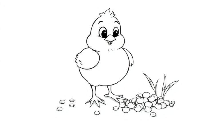 Un pollito de dibujos animados alegre picoteando semillas, listo para colorear en la placa de color.