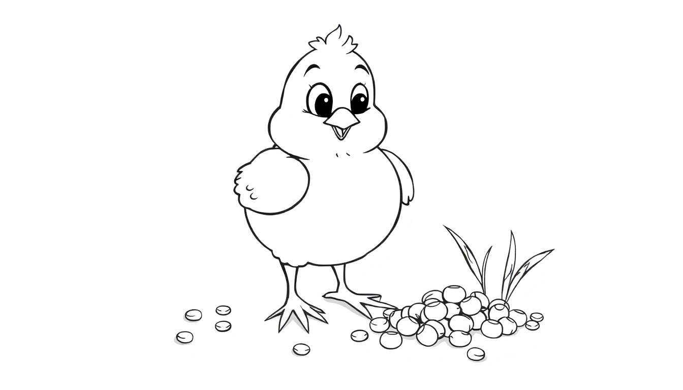 Un pollito de dibujos animados alegre picoteando semillas, listo para colorear en la placa de color.