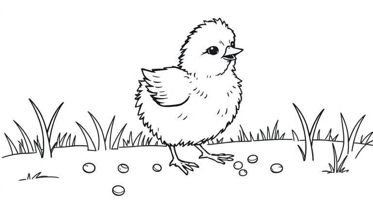 Placa de color de un pollito tierno buscando semillas en un campo.