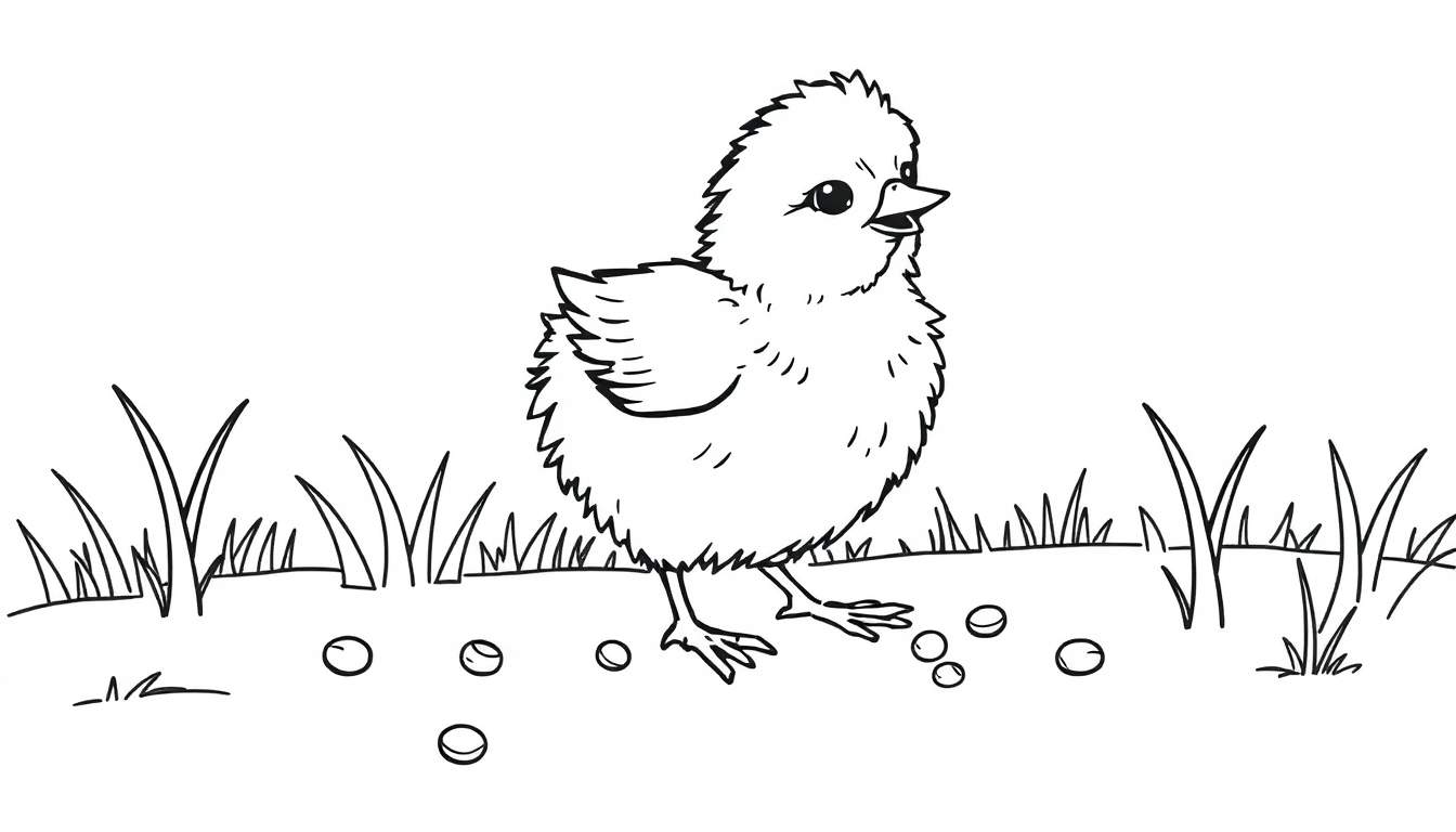 Placa de color de un pollito tierno buscando semillas en un campo.