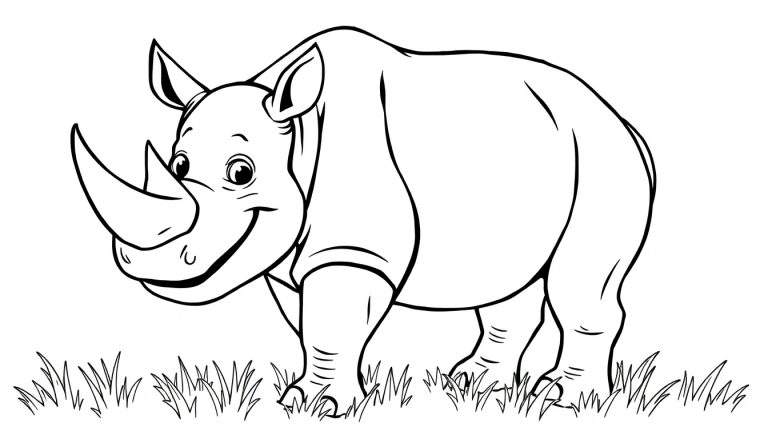 Un dibujo lineal en blanco y negro de un rinoceronte gordito y sonriente, listo para colorear en la placa de color.