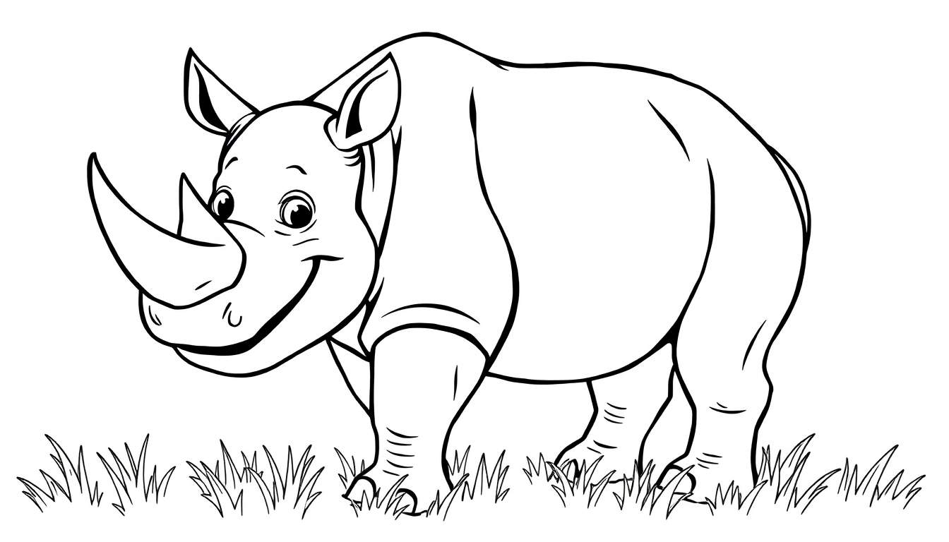 Un dibujo lineal en blanco y negro de un rinoceronte gordito y sonriente, listo para colorear en la placa de color.