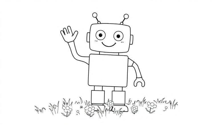 Un robot cuadrado blanco y negro con una sonrisa saluda en un jardín con flores, listo para una placa de color.