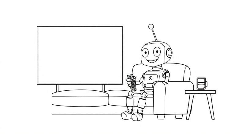 Placa de color de un robot amigable sentado en un sillón viendo la televisión.
