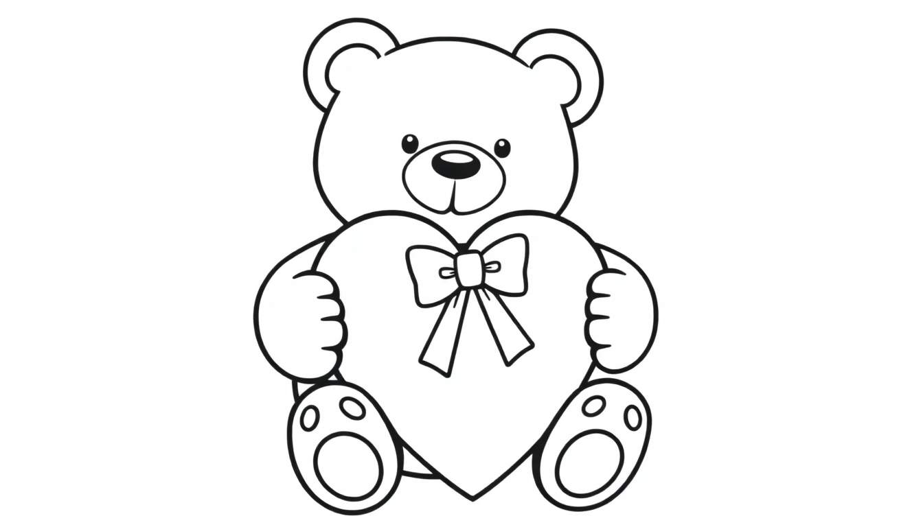 Osito de peluche de placa de color sentado con un corazón gigante.