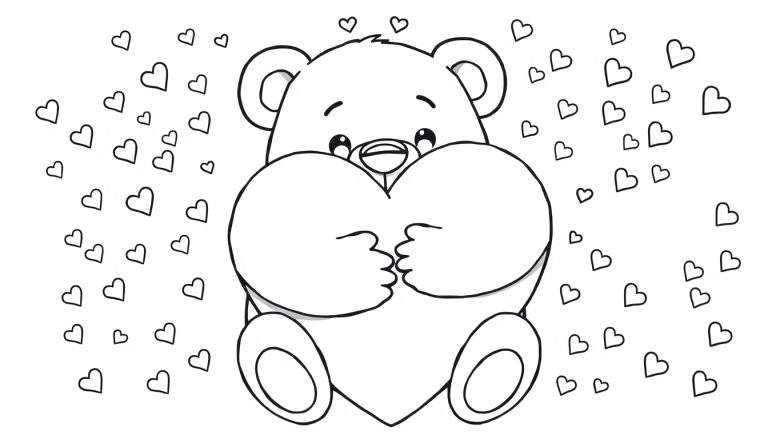 Placa de color de San Valentín: un oso de peluche adorable abrazando un corazón rodeado de estrellas y corazoncitos.