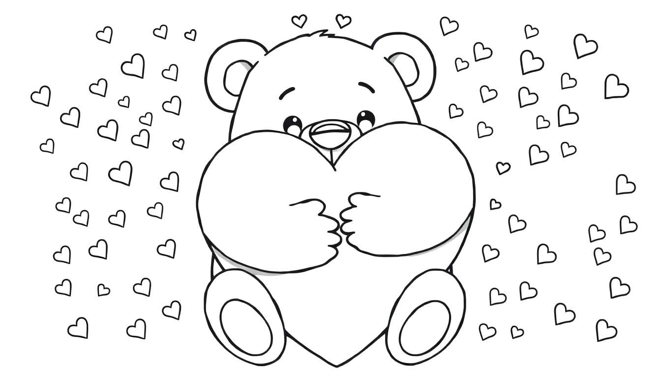 Placa de color de San Valentín: un oso de peluche adorable abrazando un corazón rodeado de estrellas y corazoncitos.