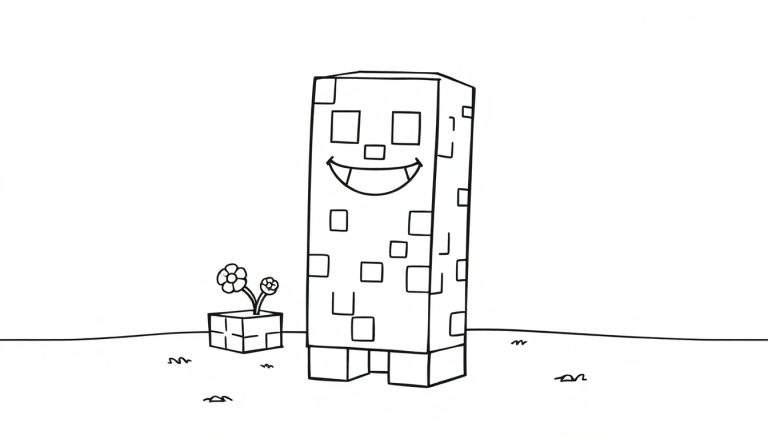 Placa de color de un Slime sonriente de Minecraft con una maceta de flores.