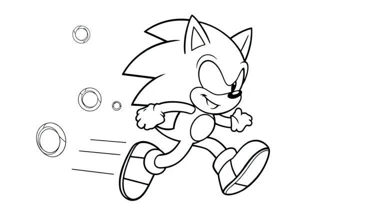 Placa de color de Sonic corriendo rápido con anillos.