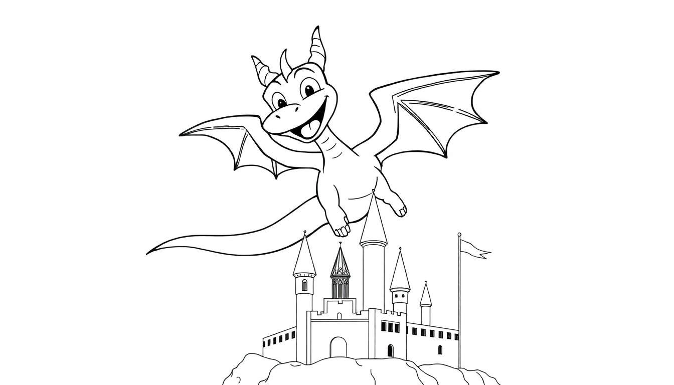 Placa de color: un dibujo lineal de Spyro el dragón feliz volando sobre un castillo.
