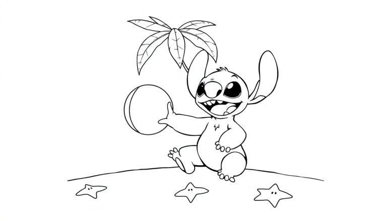 Placa de color de Stitch feliz en la playa sosteniendo un coco bajo una palmera.