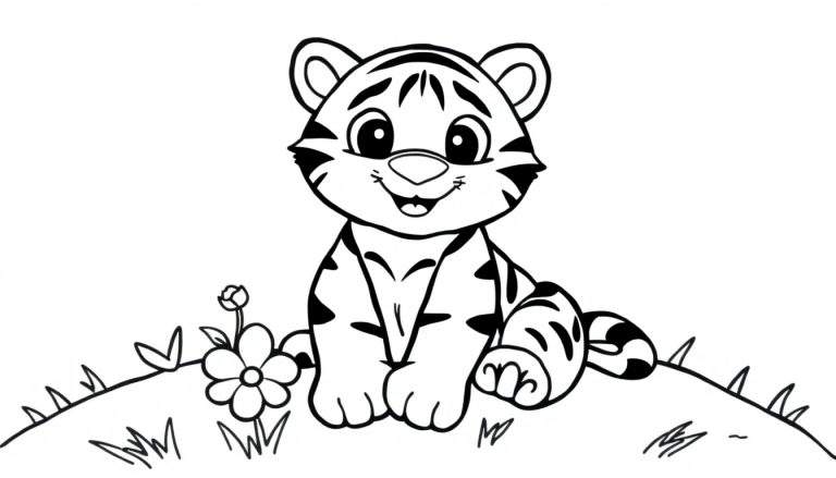 Un dibujo para colorear de un cachorro de tigre amigable, con líneas gruesas, sentado sobre hierba con una flor, listo para recibir su placa de color.