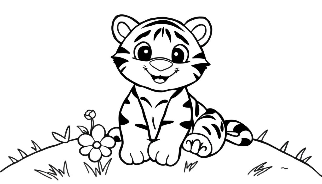 Un dibujo para colorear de un cachorro de tigre amigable, con líneas gruesas, sentado sobre hierba con una flor, listo para recibir su placa de color.