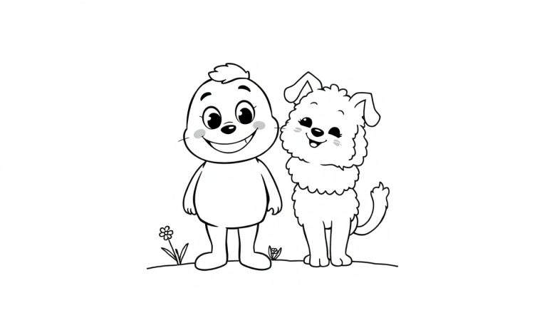 Placa de color de un personaje de Toca Boca sonriente con su perro esponjoso.