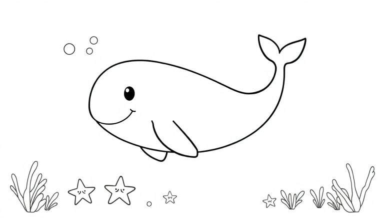 Placa de color de una ballena sonriente nadando en el océano con burbujas, algas y estrellas de mar.