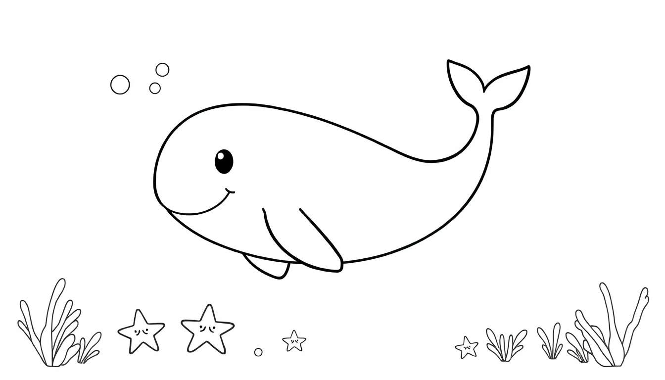 Placa de color de una ballena sonriente nadando en el océano con burbujas, algas y estrellas de mar.