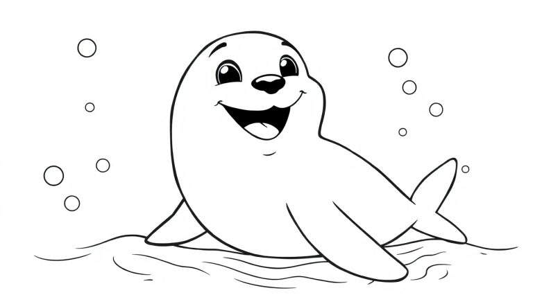 Foca sonriente lista para colorear en una placa de color.
