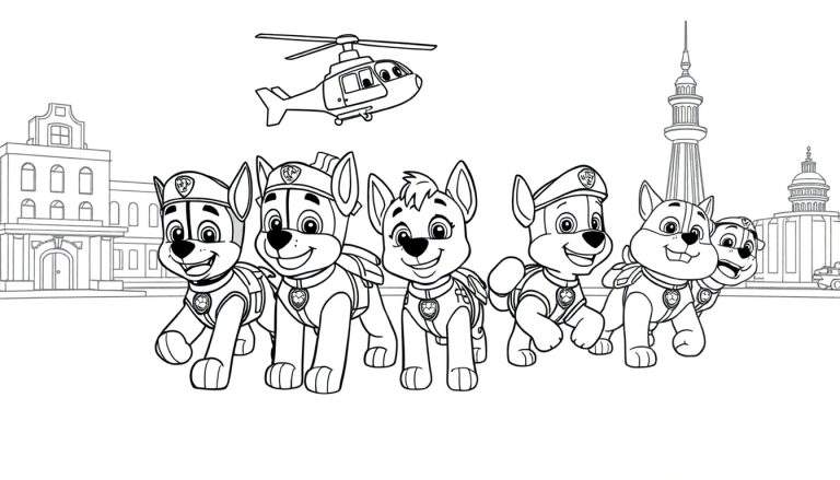 Placa de color de la Patrulla Canina con cachorros sonrientes y un helicóptero sobre una ciudad.