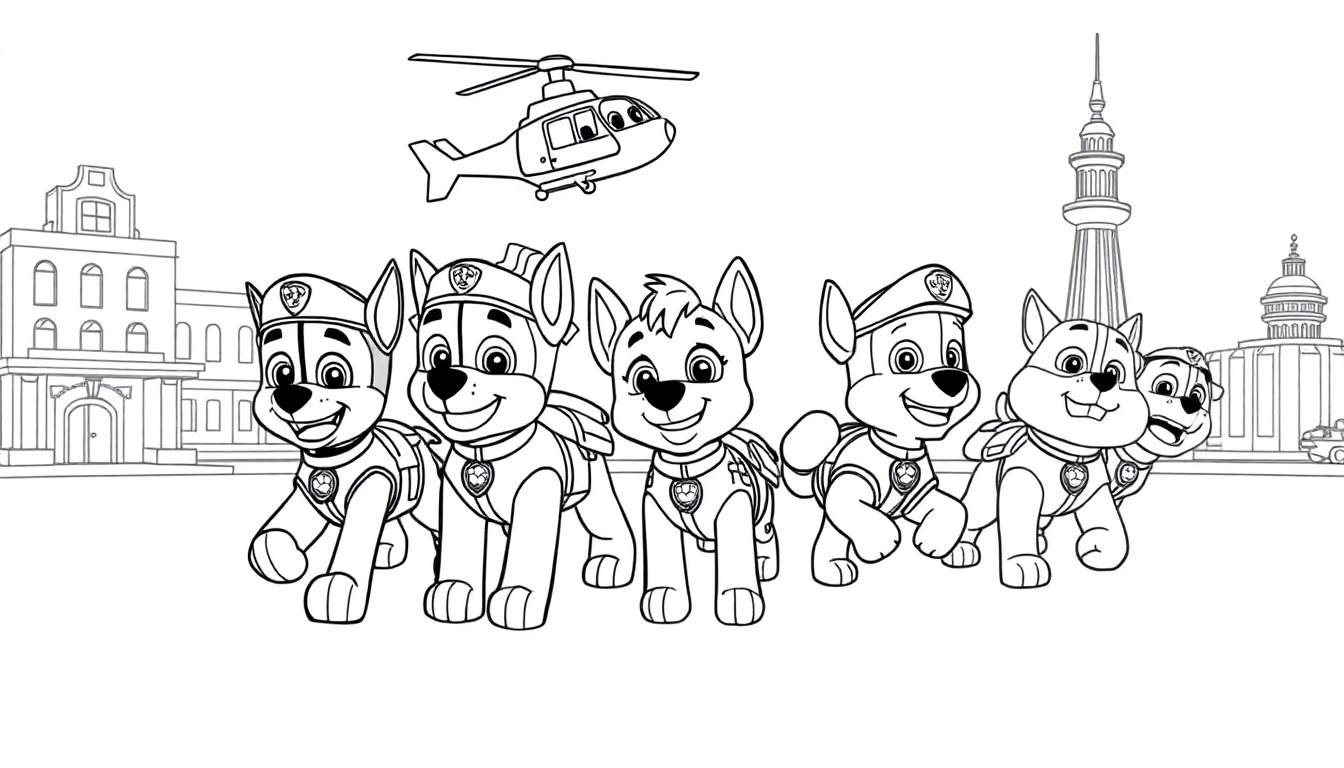 Placa de color de la Patrulla Canina con cachorros sonrientes y un helicóptero sobre una ciudad.