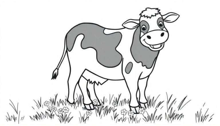 Placa de color de una vaca de dibujos animados sonriente parada en la hierba con flores.