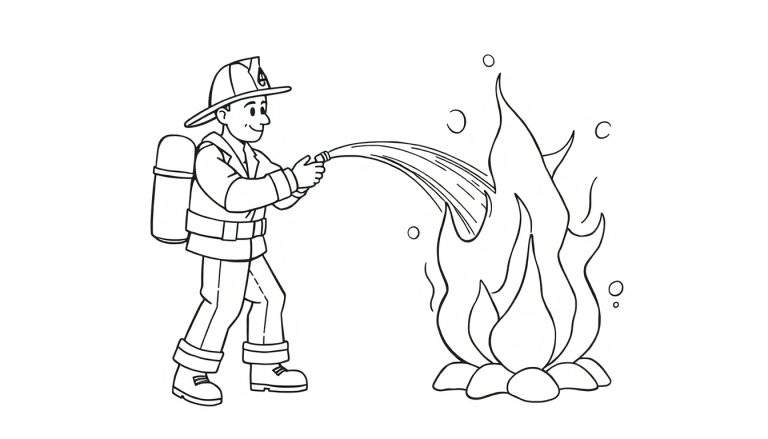 Placa de color para colorear de un bombero valiente apagando un fuego.